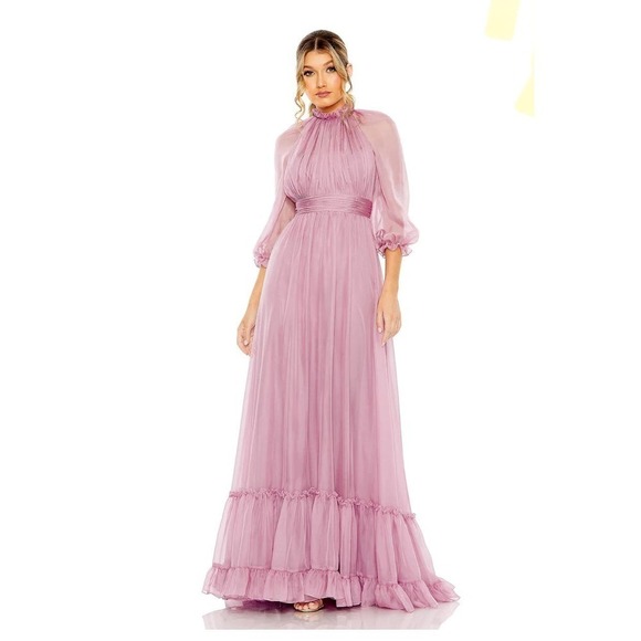 Mac Duggal  Chiffon Ruched Illusion Raglan Sleeve Ruffled Gown Lilac Size 14 NWT - Picture 1 of 13